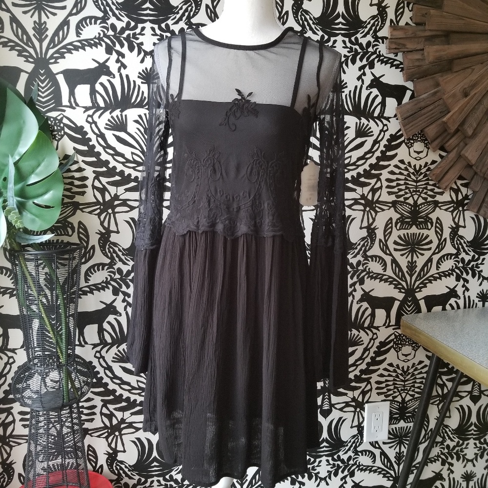 Altar'd State Black Lace Bell Sleeve Dress S